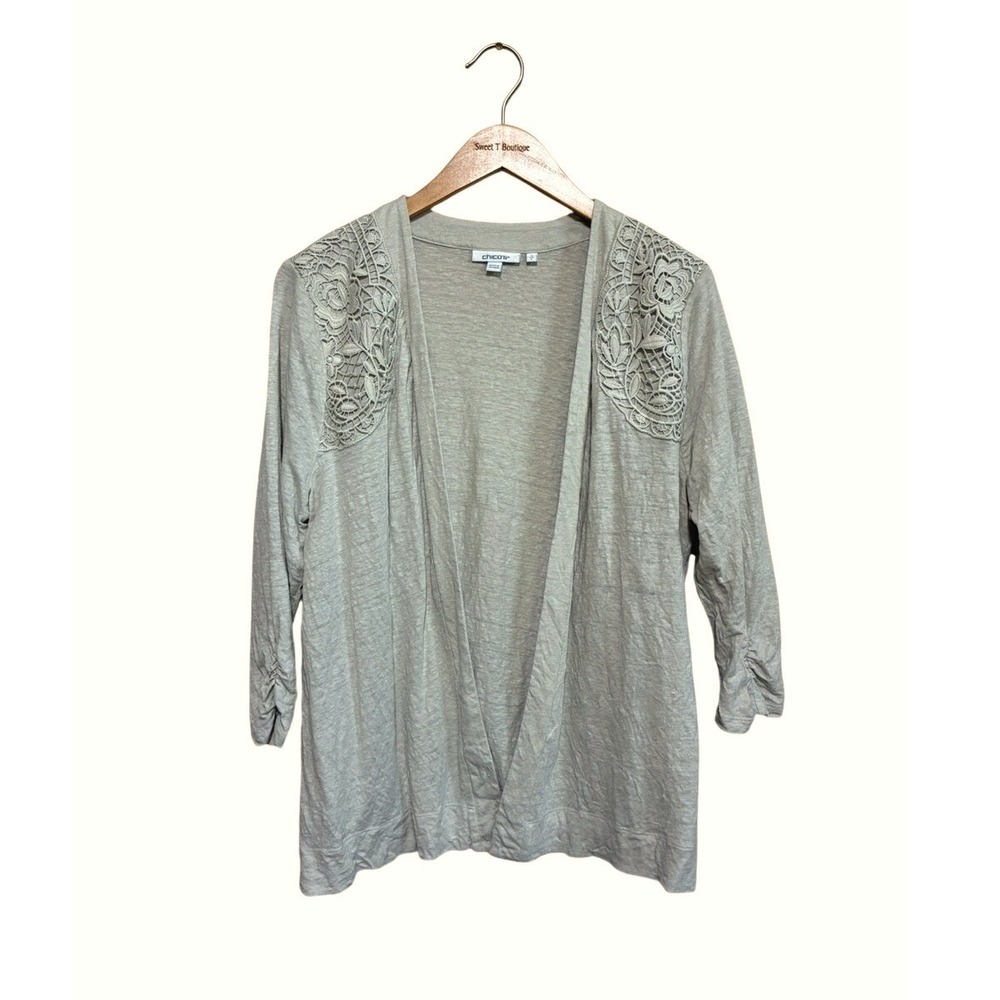 CHICO'S Size 2 US Large Oatmeal 100% Linen Open Front Sweater Cardigan Neutral